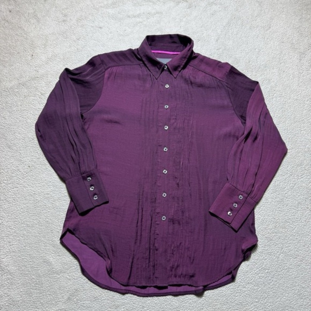 by Anthropologie Top Womens XS Button-Up Tuxedo Blouse Pleated Ruffle Plum Tee